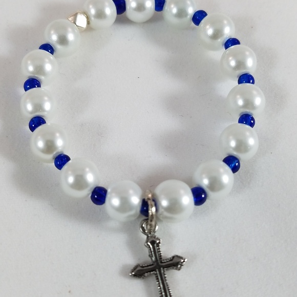 Hand Crafted Pearl and Crystal Charm Bracelet, Cross Charm, White & Blue